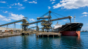 Cargador de buques INAGROMIN para graneles secos en terminal portuario, sistema de cargue y descargue de barcos